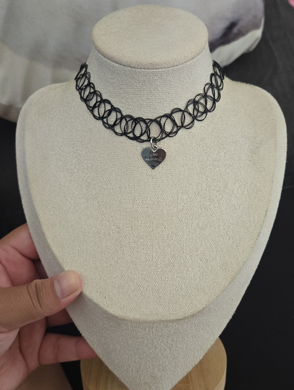 Black Tattoo Choker Necklace with Heart Pendant